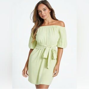 Guess Lime Green Off the Shoulder Puff Sleeve Mini Dress Tie Waist Linen Blend M